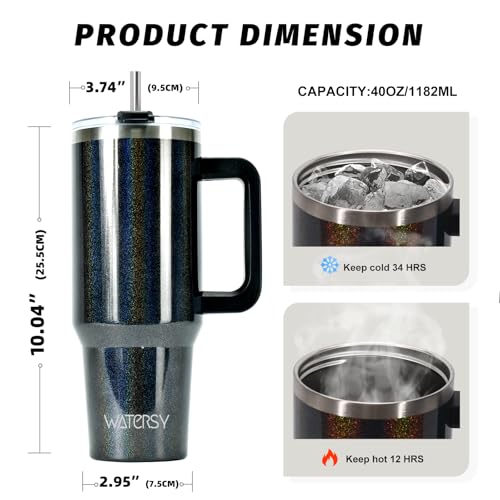 Image of 40 oz Shiny Tumbler with Handle and Straw,Stainless Steel Tumbler with Lid and Straw,Insulated Travel Mug(Cold for 34 Hours),Water Bottle for Iced Tea,Coffee (Black)