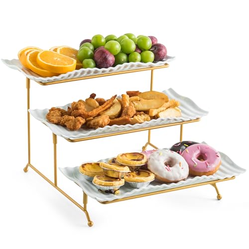 LAUCHUH 3 Tier Trays Stand, Porcelain Serving Trays Collapsible Sturdier Stand Serving Platters Dessert Table Display Set for Party, Entertaining, Thanksgiving, Christmas, Gold, 12.2 Inch