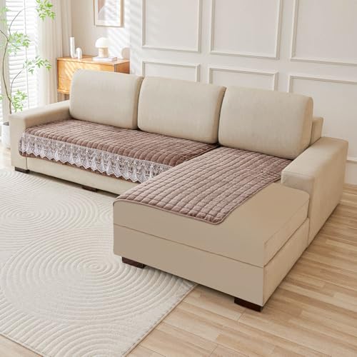 Image of HOKIPO Bellelace Velvet Sofa Cover L Shape 5 Seater Mat, 3+2, Mocha Brown