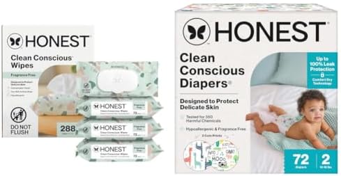 The Honest Company Hypoallergenic Multi-Use Baby Wipes, Geo Mood, 288 Count & Comfort Dry Disposable Daytime Diapers, Multi-Colored Giraffes + Barnyard Babies, Club Box, Size 2 (12-18 lbs), 72 Count image 2