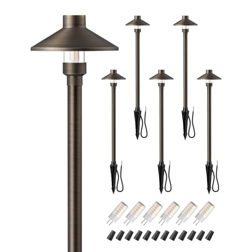 EDISHINE Solid Brass Low Voltage Landscape Lighting, 22" Tall 6" Shade with G4 Bulbs, 12V 350LM 3000K Heavy Duty Outdoor Landscape Path Light, Waterproof Bronze LED Pathway Lights Wired, 6 P