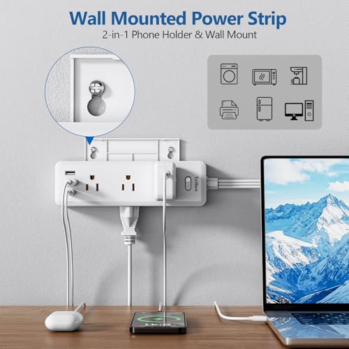 Extensión TerHavn YP39U con 9 tomas y 3 puertos USB, cable plano de 10 pies, protector de sobretensión, blanco miniatura 3