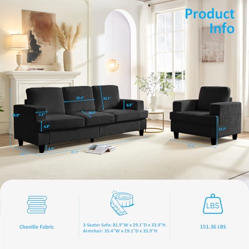 Image of Mjkone 2 Piece Living Room Sofa Set, 3 Seater Sectional Sofa Couch and Chair Sets, 82 inch Width Chenille Sectional Couch Furniture Sets, Modular Sofas Couches for Living Room Home Office, Dark Grey