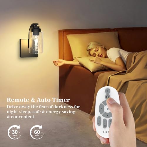 Image of Battery Operated Wall Sconce Set of 2 with Remote Control, Rechargeable Wireless Led Glass Wall Lamp Indoor, Cordless Wall Light Fixtures Wall Mount for Bedroom Bathroom Hallway Farmhouse, Black
