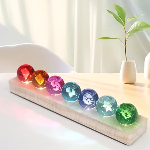 FIYSON 7 Stück Anime Genshin Impact Balls,3D Auge Gottes Kristallkugel LED Nachtlicht,USB 40mm GlasKugel,mit Holzsockel,Hydro/Dendro/Electro/Geo/Pyro/Anemo/Cryo Set Spielele Merch Geschenk (Stil 1)