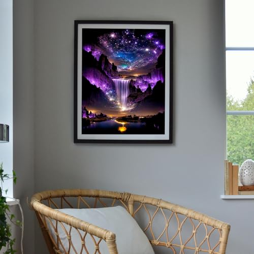 Image of MBNTJHT Waterfall Landscape Diamond Art Kits for Adults,DIY Purple Aurora Diamond Painting Kits for Beginners,5D Full Round Drill Gem Art Painting Crafts for Home Wall Decor 12x16 Inch.