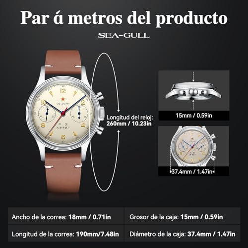 Miniatura 3 de Sea Gull 1963 Edición Internacional, Movimiento St1901,Reloj De Pulsera Mecánico Para Hombre Relojes De Aviación Cronógrafo Piloto,Cuerda Manual Marrón
