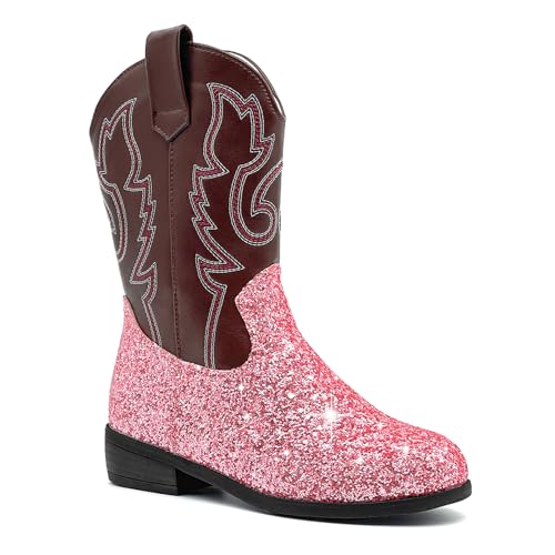 sharllen Kids Girls Cowgirl Boots Western Glitter Cowboy Boot Unisex-Child Mid-Calf Pointed-Toe Toddler Cowboy Boot Little Kids Big Kid Horse Riding Shoes Party Birthday Dress Up