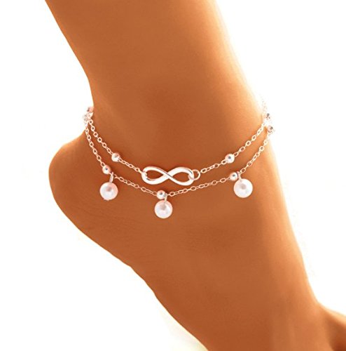 Cadena de tobillera de 2 capas Sandalia de playa de Boho Pulsera de tobillo con cuentas descalzas