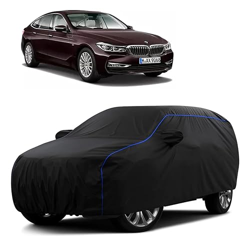 Image of Sulfar 100% Water Resistant Car Body Cover Compatible with Mirror for BMW 6 Series (Triple Stitched, Full Bottom Elastic, Black Tafetta with Blue Piping)