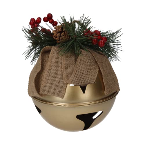 Keyhomestore - Goldfarbene Weihnachtsrassel aus Eisen, mit Schleife aus Jute, Kiefernzweig und Seil zum Aufhängen, Dekoration für Innen- und Außenbereich, Höhe 25 cm Cover