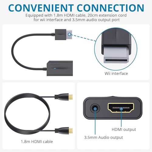 AUTOUTLET Adaptador Wii a HDMI, Convertidor Wii Hdmi Cable Extensión de 20cm 1080P / 720P Full HD, Salida de Audio de 3,5mm y Cable HDMI de 1,8m, Indicador de Luz para Wii, Televisión (Negro) - imagen 3