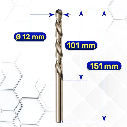 HSS Metallbohrer Ø 12 mm 151 mm aus Gehärtetem Stahl M35 mit 5% Kobalt - HSS Bohrer Profi Kann für Eisen Stahl Edelstahl Nichteisenmetalle - MONTERAL