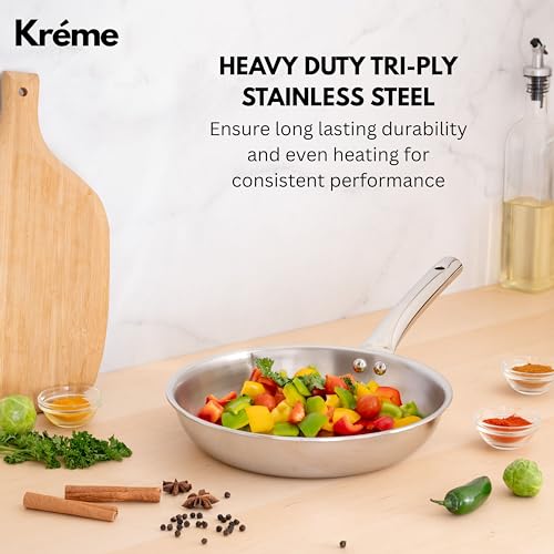 Image of Kreme Platina Triply Stainless Steel Frying Pan - 1.85 L, 24 cm | 2.5 mm Thick Tri ply Cookware | Heavy-Bottom Frypan for Healthy, Low-Oil Cooking | Induction and Gas Compatible | Scratch Resistant