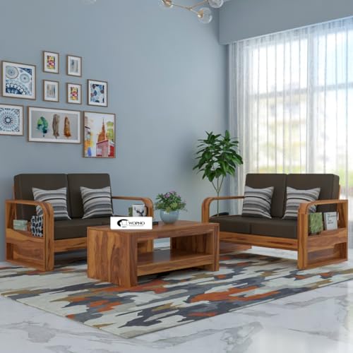 Image of Solid Sheesham Wooden 4 Seater Sofa Set for Living Room | Sofa Set with Side Pocket Storage & Cushion | Rosewood Sofa Set for Home (Honey with Brown Cushion, 4 Seater)