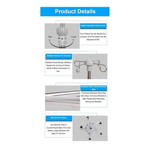 Soporte médico de acero inoxidable con ruedas bloqueables y altura ajustable 4