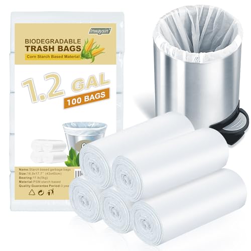1.2-Gallon Small Trash-Bags Biodegradable Garbage-Bag - Mini Clear White Unscented Bulk 100 Counts Compostable Recycling Liners for Kitchen Bathroom Car Can Wastebasket Inwaysin