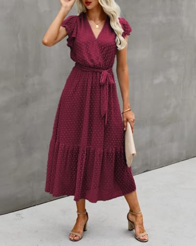 Image of BTFBM Women Summer Bohemian Floral Casual Wrap V Neck Ruffle Cap Sleeveless Belt A-Line Pleated Hem Midi Sun Dress White