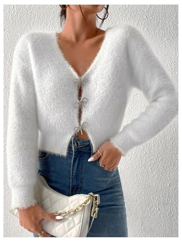 Floerns Women's Y2k Cardigan Sweater Long Sleeve Cut Out Rhinestone Bow Fuzzy Going Out Tops4