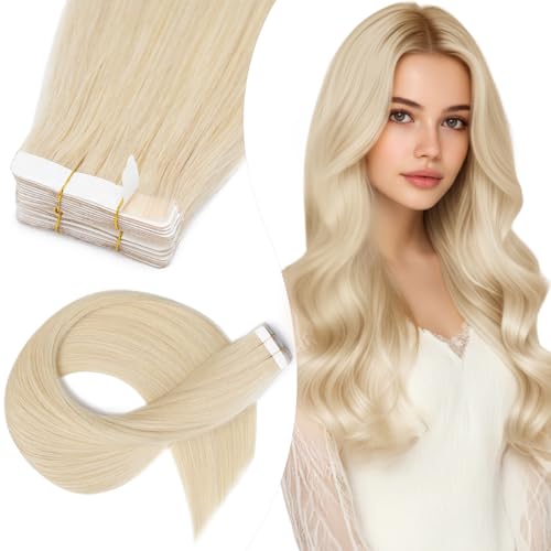 Elailite Extension Cheveux Naturel Adhesif 10 Bande 15g + 10 Ruban Adhesive Rajout Cheveux Remy Humain Sans Clip 30cm #60 BLOND PLATINE