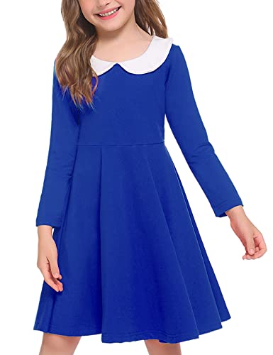 Arshiner Girls Long Sleeve Dress Casual Vintage Peter Pan Collar Swing Party Dress Age 3-14 Years