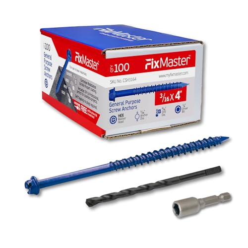FixMaster 3/16 x 4 Hex Head Blue Concrete Screw Anchors (100 pcs Screw Kit) with one Screwdriver and Drill Bit for Concrete, Masonry, Block, Brick and Wood Fastening