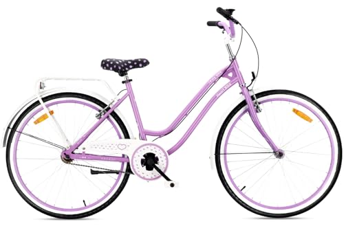 Sun Baby Heart Bike - Bicicletta da città donna 26 pollici, Viola, freni V-Brake, telaio in acciaio, portapacchi, parafanghi