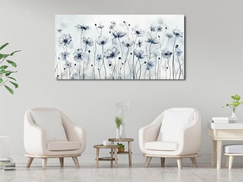 Image of VEAEE Framed Flowers Canvas Wall Art - Indigo Floral Canvas Pictures, Living Room Wall Decor, Botanical Canvas Prints Painting Abstract Artwork Bedroom Office Home Decor 29 inchx58 inch