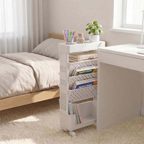 Miniatura 3 de Doeworks Estantería Libros Con Ruedas Móvil Estantería Carrito Auxiliar 5 Niveles Organizador Escritorio Ruedas Carro Libros Pequeño Para Salón Dormitorio Oficina, Blanco Con Taza