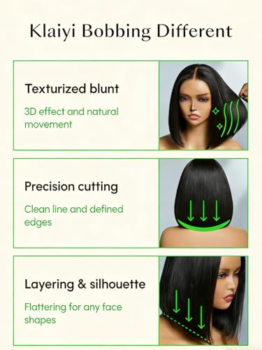 Image of KLAIYI Bye Bye Slip Bob Wig Human Hair Glueless Precut 7x5 HD Lace Front Wigs Drawstring Sleek Straight Pre Plucked Bleached Knots Pre Everything 30S Ready to Wear and Go Wig Beginner Friendly 14Inch