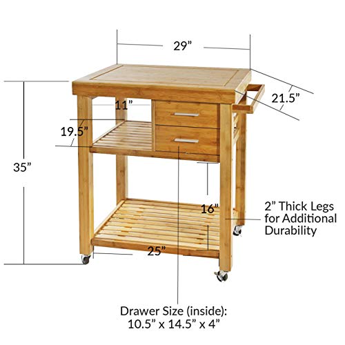 Clevr Rolling Bamboo Wood Kitchen Island Cart Trolley, Cabinet w/Towel Rack Drawer Shelves