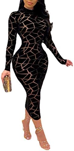 Uni Clau Women Sexy Sheer Mesh Boydcon Mini Dress See Through Patchwork Long Sleeve Zipper Skinny Clubwear Party Dress Black 2XL