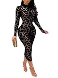 Uni Clau Women Sexy Sheer Mesh Boydcon Mini Dress See Through Patchwork Long Sleeve Zipper Skinny Clubwear Party Dress Black 2XL