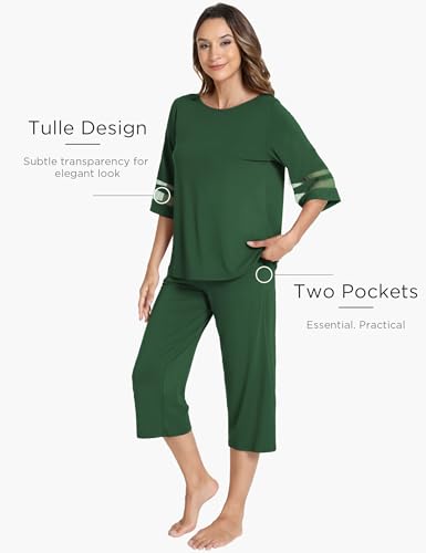 Image of GYS Bamboo Viscose Capri Pajamas for Women Set Cooling 3 /4 Sleeve Pjs | Moisture-Wicking Sleepwear for Night Sweats, OEKO-TEX Certified, Gentle on Sensitive Skin, Soft Sleep Lounge Sets