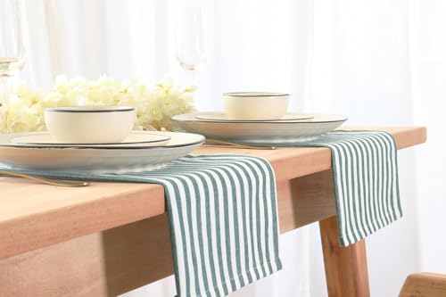 Image of Cotton Mercerised Dining Table Napkins, Set of 4, Solid Plain Colour, Heavy Weight,MoreThan 2 cm Mitered Hem,Washable at 40C (Green Stripe, 45 X 45 Cms)