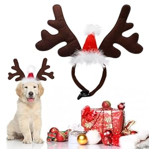 Qpets® Dog Christmas Headband, Elk Horn Dog headband with Santa Hat & Adjustable Chin Strap, Lovely Cartoon Santa Claus Hat Antlers Headband for Dogs Cats Pets Xmas Party Decor Photo Props