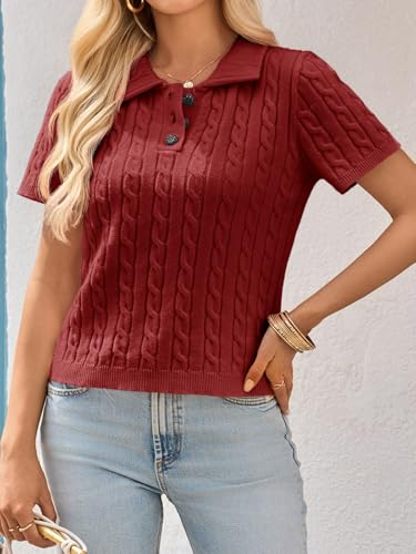 Image of Imily Bela Womens Polo V Neck Pullovers Lightweight Short Sleeve Cable Knit Sweater Business Casual Summer Tops 2025