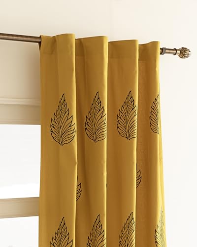 Image of THE LINEN COMPANY Cotton Duck Canvas Curtains 6 Feet Long, Printed Leaf Curtains for Door & Window, 6ft Set of 2, Blue Leaf on Mustard