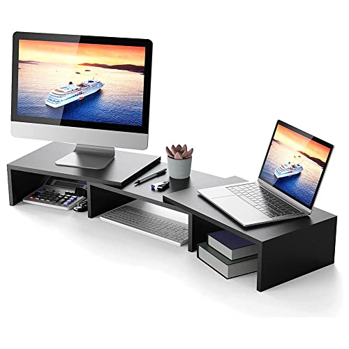 ATUMTEK Dual Monitor Riser, ​Wood Monitor Stand Desktop Computer Screen Shelf, Computer Stand Adjustable Length Angle for Computer Screen Laptop TV Mini Projector Printer - Black - Thumbnail 2