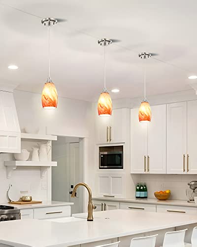 Art Glass Mini Pendant Lights For Kithen Island Marble Glass Pendant Light Shade With Brushed Nickel Finish Hanging Ceiling Lights For Kitchen Over Sink,Dining Room,Living Room Amber Red-1Pack #TOP5