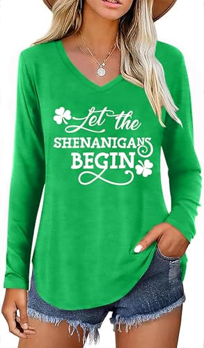 St Patricks Day Shirt for Women Let The Shenanigans Begin T-Shirt Lucky Clover Graphic Long Sleeve V Neck Tops