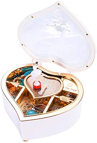 Ballerina Musical Jewelry Box Rotating Dance Girl Heart Shaped Jewelry Storage Case Music Box Gift (White)