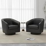UIXE Swivel Barrel Accent Chairs Set of 2, Faux Leather Club Arm Chair Modern Round Upholstered Armchair Single Sofa Seating Corner Nook Side Reading Seat for Living Room, Office, Bedroom (Black)
