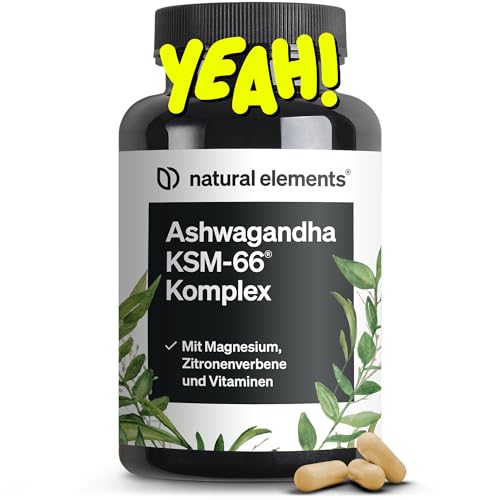 natural elements Ashwagandha Komplex – 600mg pro Tagesdosis – 120 Kapseln – mit KSM-66, Zitronenverbene, Magnesium, Folsäure und Vitamin C, B6 und B12 – hochdosiert & vegan – laborgeprüft