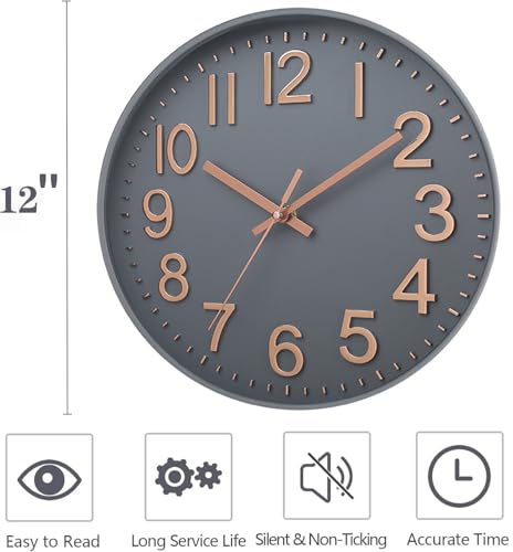 壁掛け時計 30cm 静かな連続秒針 読みやすい オフィス 教室 リビングルーム用 アナログ時計 (グレー+ゴールド)