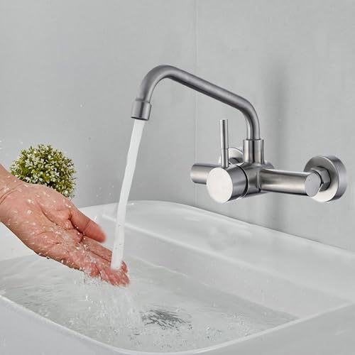 Grifo mezclador monomando frío y caliente, grifo mezclador de pared con caño giratorio 360°, grifo de pared de cocina con caño giratorio