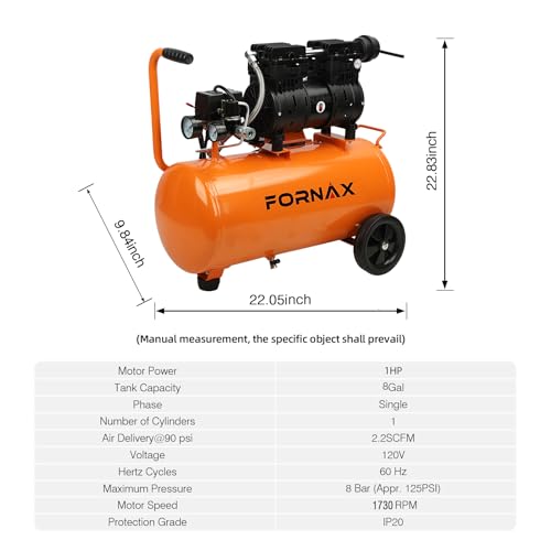 FORNAX 8 Gallon Air Compressor With kits, 1HP 2.2 CFM, Max 125 PSI Oil-Free Air Compressor Tank, 70 dB Ultra Quiet Compressor for Nail Guns, Tire Inflation, and DIY Home Projects by FORNAX - Used condition - Image 2