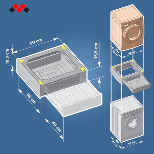 Meliconi Base Torre Extra L60, Kit di Sovrapposizione Lavatrice Asciugatrice Universale, Supporto Asciugatrice Premontato con Cassetto da 28 L, Cinghia di Sicurezza Inclusa, Portata 250 Kg, Bianco - 2