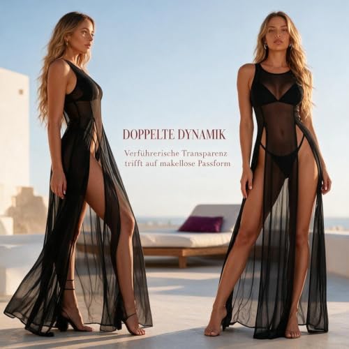 Sexy durchsichtiges Netzkleid mit hohem Schlitz, langes Kleid als Bikini-Überwurf zum Abdecken von Bikini-Oberteilen, Fischnetz-Strandmode-Badeanzug als Strandkleid für Damen, Schwarz, One – Bild 3