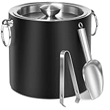 CAOANTRY Ice Bucket with Lid & Tong- Well Made Insulated Stainless Steel Keep Ice Frozen Longer - Ideal for Cocktail Bar, Parties, Chilling Wine, Champagne - 3 Liter (Black)